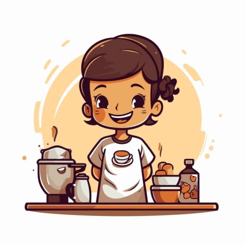 Cute little girl cooking in the kitchen. Vector cartoon illustra