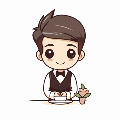 Waiter serving food - Cute cartoon waiter character vector illus