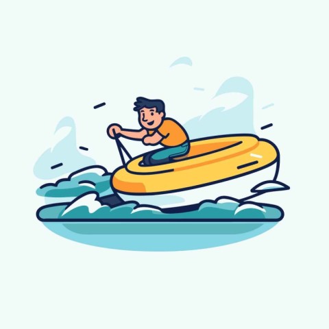 Young man riding on a surfboard in the sea. Vector illustration.