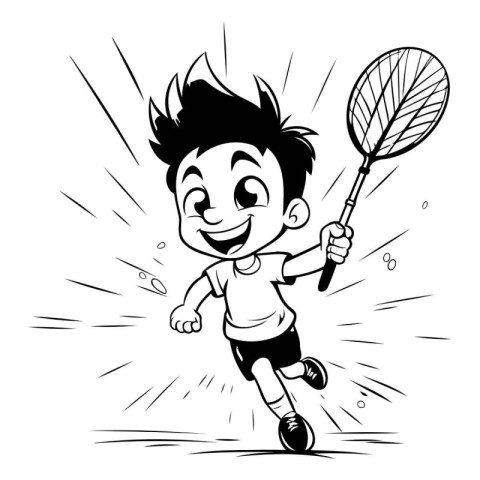 Boy playing badminton - Black and White Cartoon Illustration. Ve