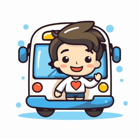 School bus with cute boy cartoon vector illustration. Child scho