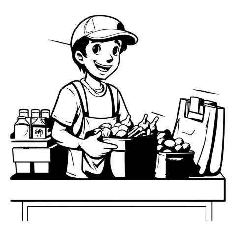 Vector illustration of a young man selling fresh fruits and vege