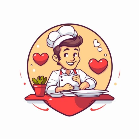 Cute cartoon chef with a plate in his hands. Vector illustration