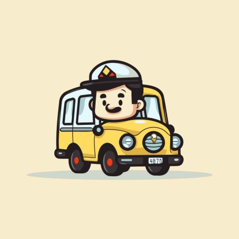 Cute cartoon taxi driver with yellow car. Vector illustration in