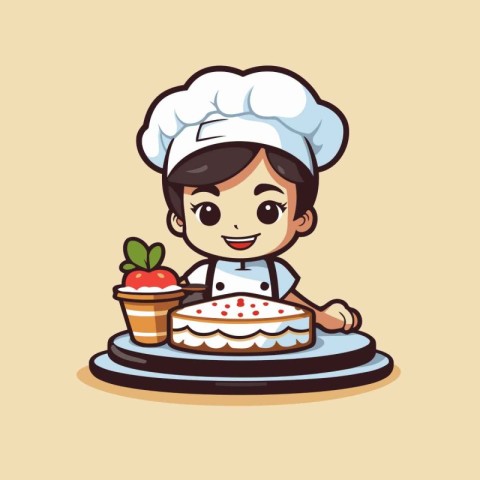 Cute boy chef with cake cartoon vector illustration. Cute little