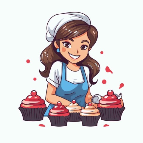 Cute girl chef with cupcakes. Vector illustration in cartoon sty