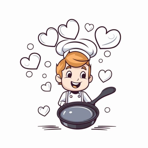 Cute chef with a pan in his hand. Vector illustration.