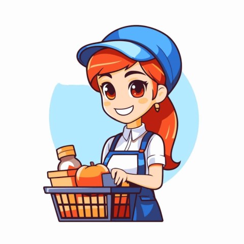 Cute girl in uniform with basket of food. Vector illustration.