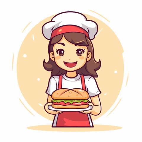 Cute girl chef with hamburger. Vector illustration in cartoon st