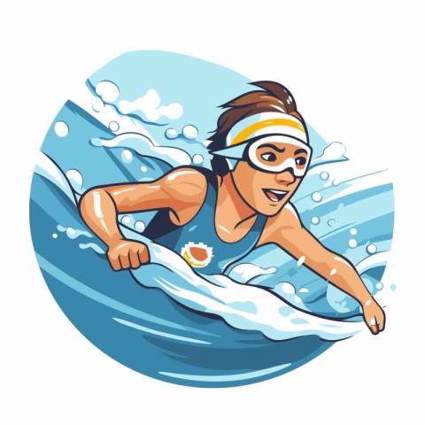 Vector illustration of a swimmer swimming in the ocean. Cartoon