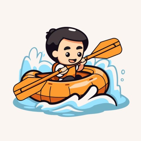 Cute boy rowing a canoe in the sea. vector illustration