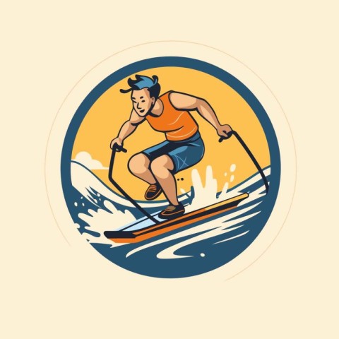 Vector illustration of a skier on a surfboard in the circle