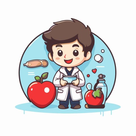 cute boy with apple and stethoscope cartoon vector illustration.