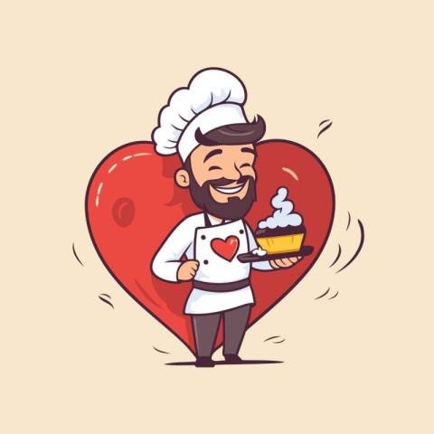 Chef with a cake in the form of heart. Vector illustration