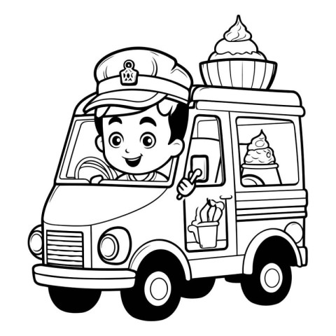 Black and white illustration of a boy driving a ice cream truck.