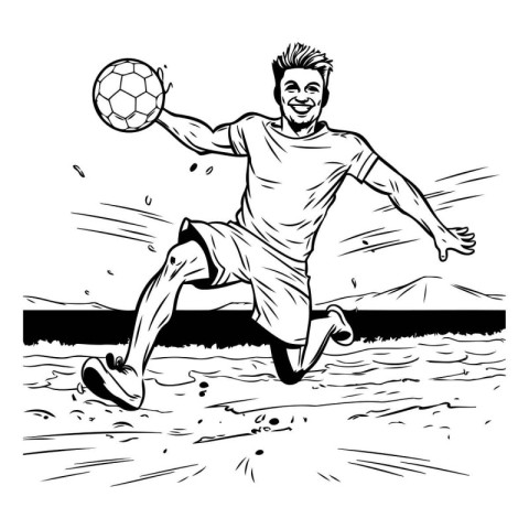 Soccer player kicking the ball. Black and white vector illustrat