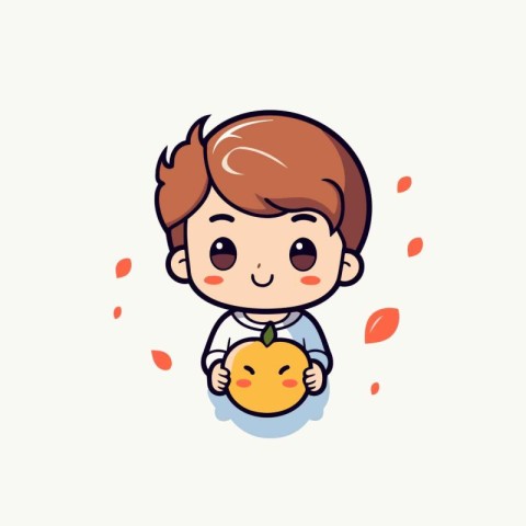 Cute little boy holding a tangerine. Vector illustration.