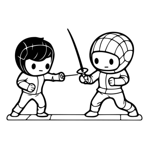 Fencing. Boy and girl. Black and white vector illustration.