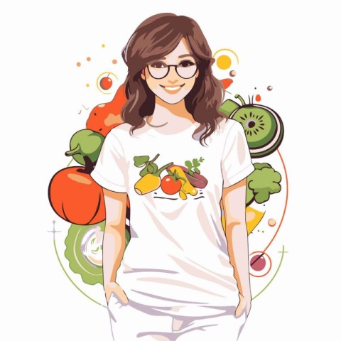 Beautiful young woman with fruits and vegetables. Vector illustr