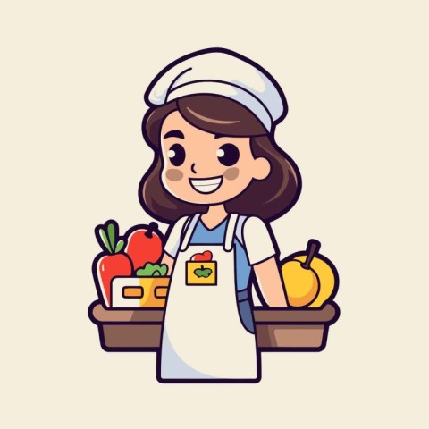 Cute Cartoon Chef Girl with Vegetables in Basket Vector Illustra