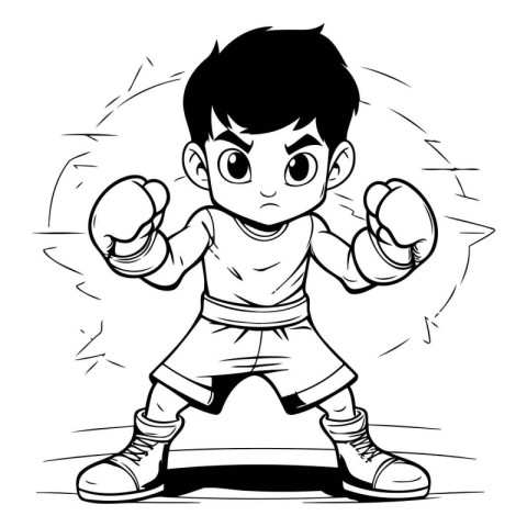 Cartoon illustration of a little boy boxing. Black and white ver