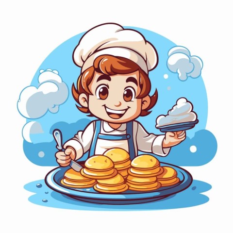 Chef boy with stack of pancakes and spoon. Vector illustration.