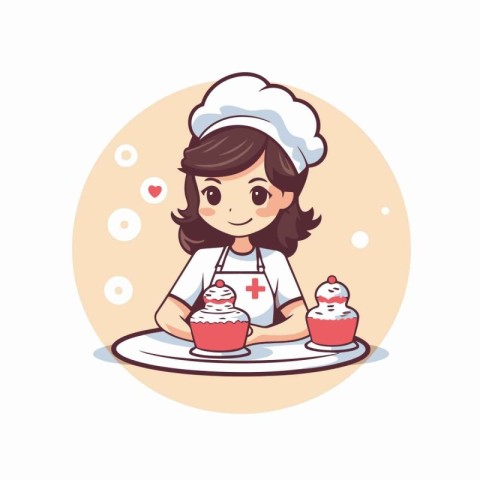 Cute cartoon girl chef with cupcakes. Vector illustration on whi