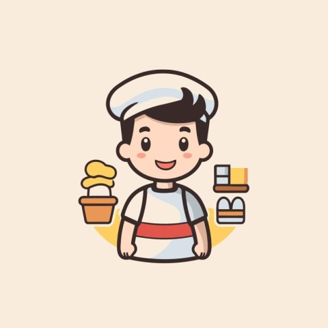 Cute little chef with food. Vector illustration in cartoon style