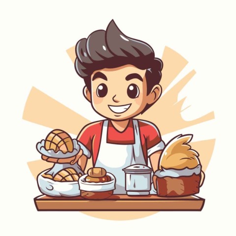 Cute cartoon boy with bread and bakery products. Vector illustra