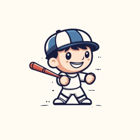 Cute baseball player with bat and ball. vector cartoon illustrat