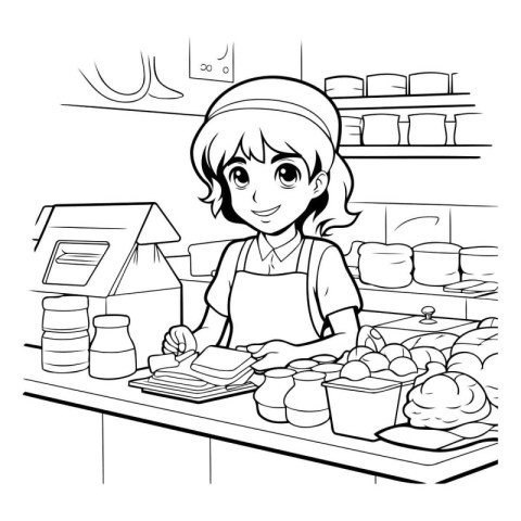 Black and White Cartoon Illustration of Cute Female Baker or Bak