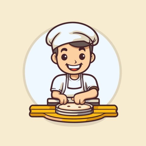 Cute chef boy cooking pizza vector illustration. Cartoon charact