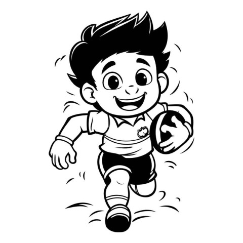 Soccer Boy Running with Ball - Black and White Cartoon Illustrat