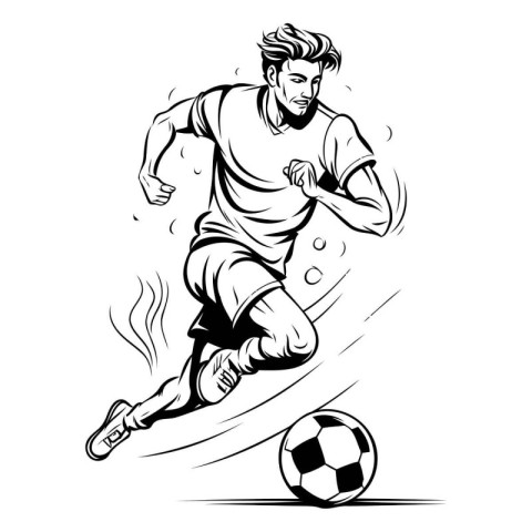 Soccer player running with ball. Black and white vector illustra