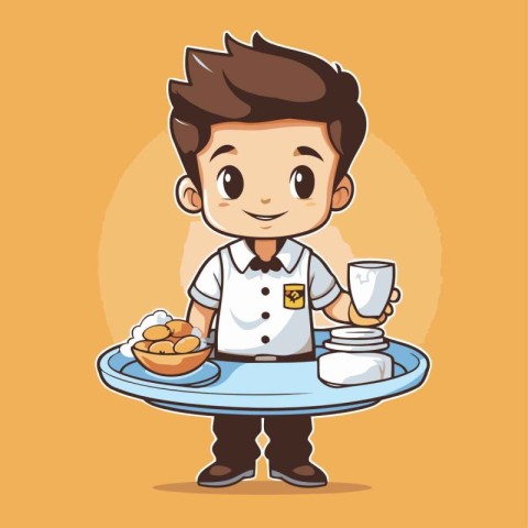 Cartoon waiter holding a tray with bread and coffee. Vector illu