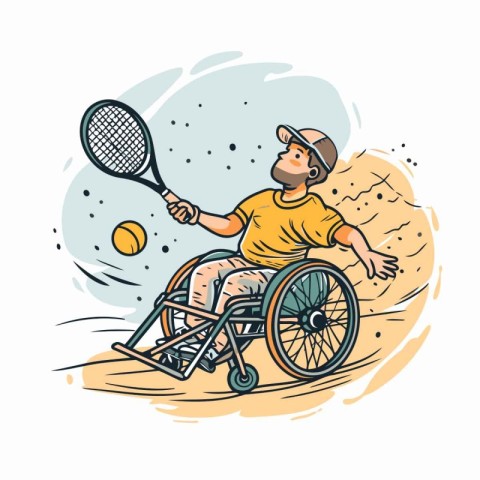 Handicapped man in a wheelchair playing tennis. vector illustrat