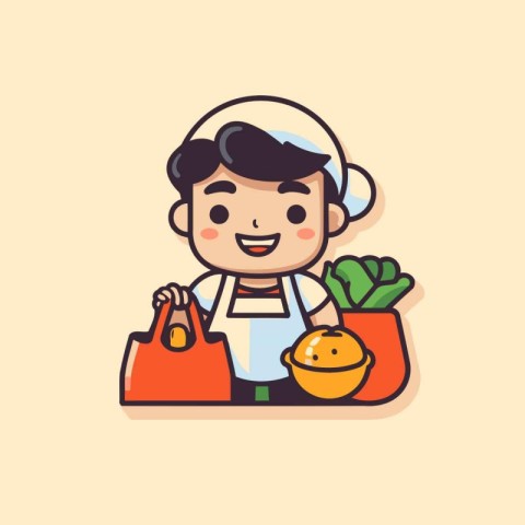 Cute little boy cooking food. Vector illustration in cartoon sty