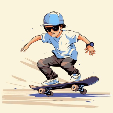 Vector illustration of a skateboarder in a cap and sunglasses.