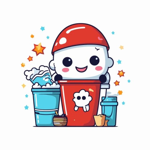 Cute cartoon snowman character with bucket and cup. Vector illus