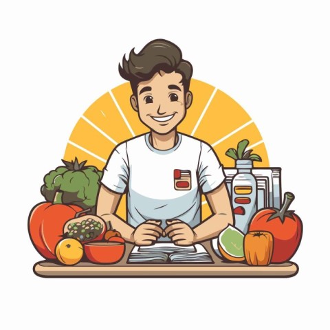 Man cooking healthy food cartoon vector illustration graphic des