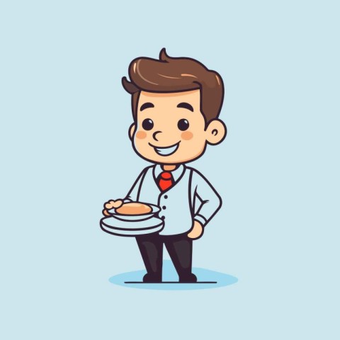 Cute cartoon chef holding a plate of food. Vector illustration.