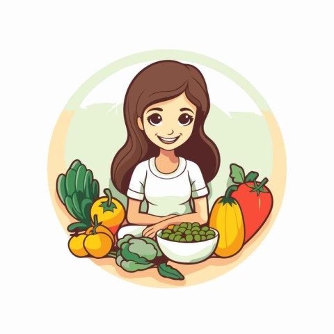 Girl with healthy food. Vector illustration in cartoon style on