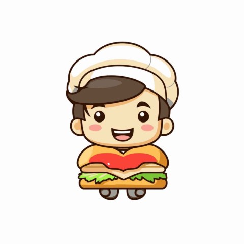 Cute boy in chef hat and uniform eating sandwich. Vector illustr