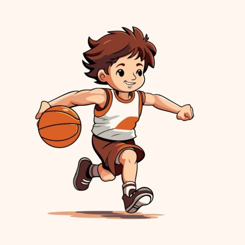 Cartoon boy playing basketball. Vector illustration of a boy pla