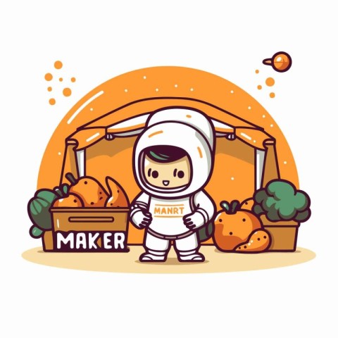 Cute little baby boy in astronaut costume standing with basket f