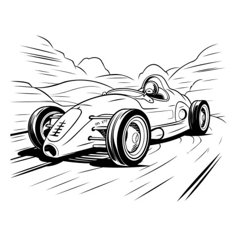 Vector illustration of a vintage race car on the road. Side view