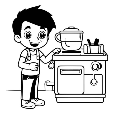 Cute boy cooking in the kitchen black and white vector illustrat