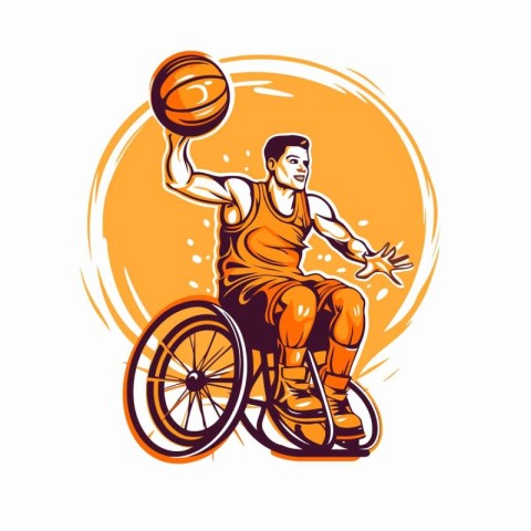 Wheelchair basketball player with ball. Vector illustration. Han