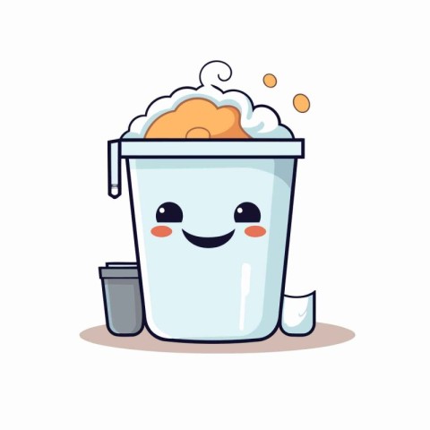 Cute cartoon bucket with foam and coffee cup. Vector illustratio