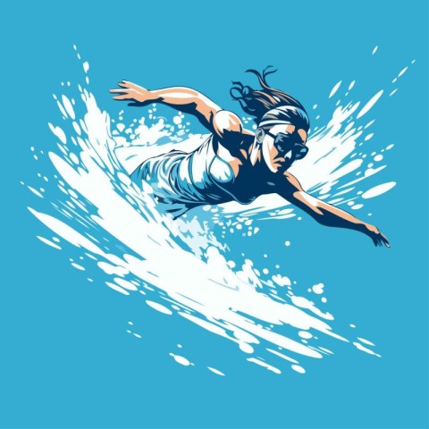 Surfer girl on surfboard. Extreme sport. Vector illustration.